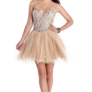 Camille La Vie gold and champagne Strapless  Rhinestone corset fit flare mini 2